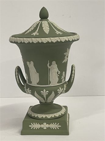 Wedgwood Green Neoclassical Lidded Porcelain Urn/Vase - 12"