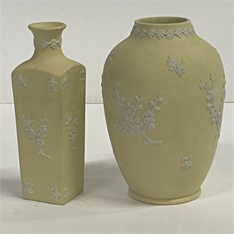 2 Wedgwood Primrose Yellow Jasperware Prunus Blossoms Pattern Vases