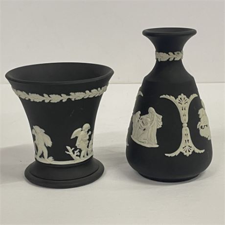 Wedgwood Black Jasperware Bud Vase & Small Vase