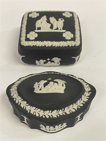2 Wedgwood Black Basalt Jasperware Covered Trinket Dishes