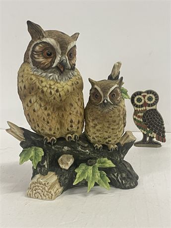 Collectible Noritake Owl Statue & Inlaid Owl Pair