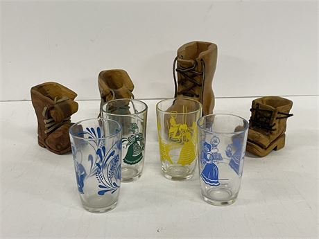 Collectible Carved Oregon Alder Wood Boots & Vintage Juice Glasses