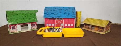 Nice Vintage Metal Barns & Cabin with Many Farm Figurines