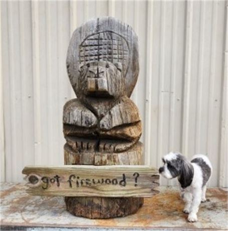 Cool Carved "Got Firewood" Beaver Statue...24"diax 36" Tall