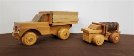 2-Vintage Wooden Joy Toy Truck Pair