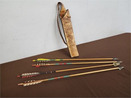 Antique Wood Broadhead Arrows with Cool Tooled Leather Quiver