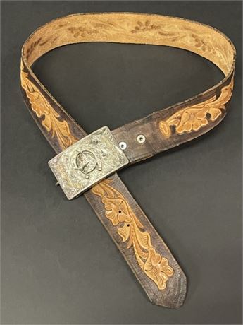 Sterling Silver Buckle & Tooled Leather Belt...36sz