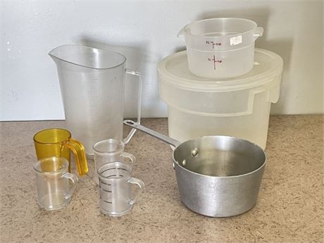 Assorted Measuring Cups/Tubs/Pitchers/Sauce Pan