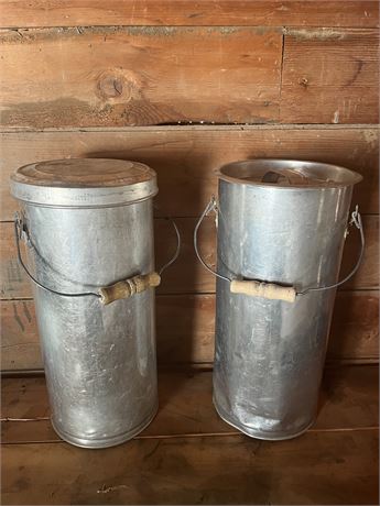 Two Old Metal Cylinder Carriers with Wood Handles and Lids