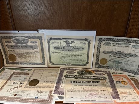 Selection of 12 Vintage Stock Certificates