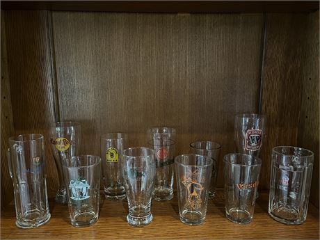 11 Beer Glasses with Various Logos