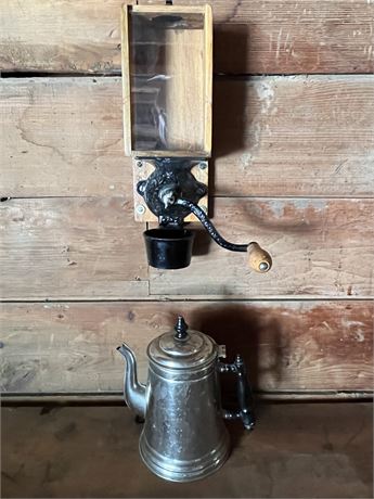 Wall Mount Coffee Grinder and Old Coffee Pot