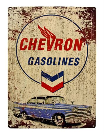 Chevron Gasolines 1955 Chevrolet Bel Air Vintage Metal Sign