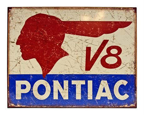 Vintage Style  Pontiac V8 Motors Indian Native American Logo Metal Sign