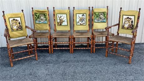 6-Dining Room Chairs with Needlepoint Animal Backs