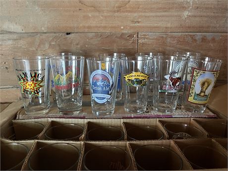Box Containing 24 Beer Glasses with Logos