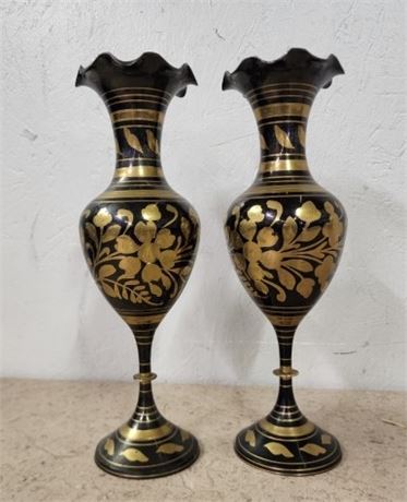 Collectible Enameled Brass Vase Pair