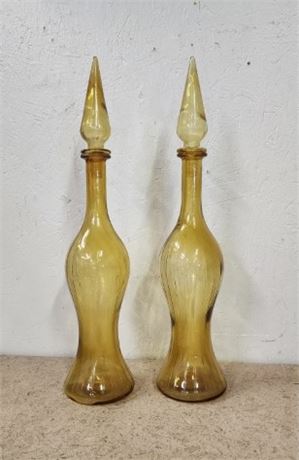 Vintage Lidded Amber Glass Vase Pair