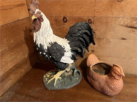 Life Size Colorful Rooster & Ceramic Chicken Plant Pot