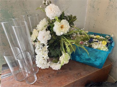 Artificial Flowers & Six Large Clear Cylinder Vases