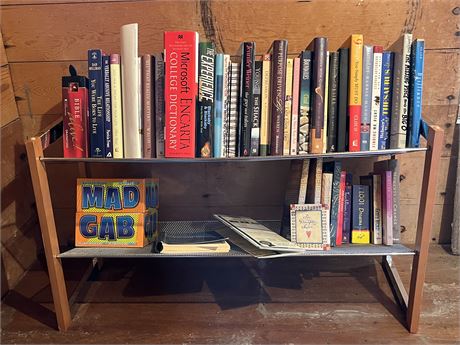 Tote of Books and Two Tiered Wood & Metal Book Shelve