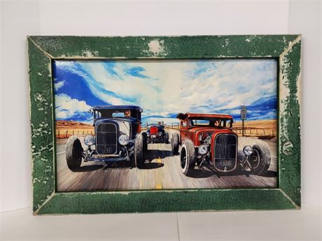 Local Artist's Montana Highway 3 Hot Rod Framed Reproduction Sign...26x17