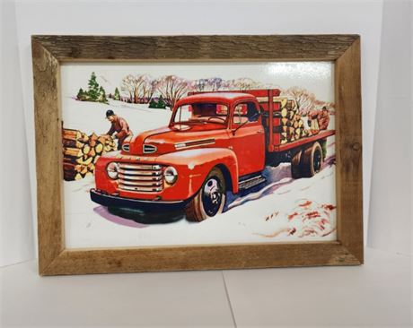 Local Artist's Red Ford Truck Barnwood Framed Reproduction Sign...21x15