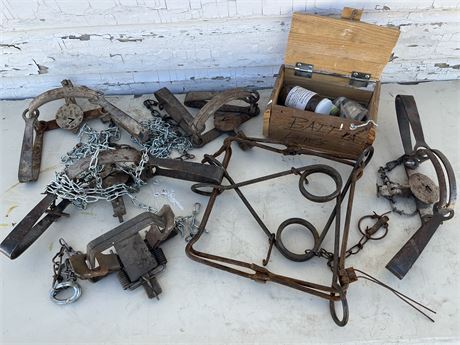 Six Vintage Animal Traps Includes Homemade Bait Box