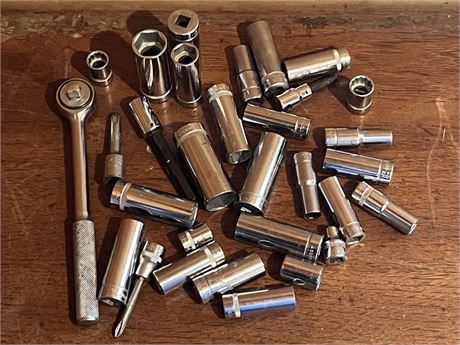 Pile of 3/8" Sockets & Matching Ratchet Wrench