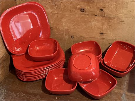 Bright Red Plates (12) and Bowls (9) - Hard Plastic Composite