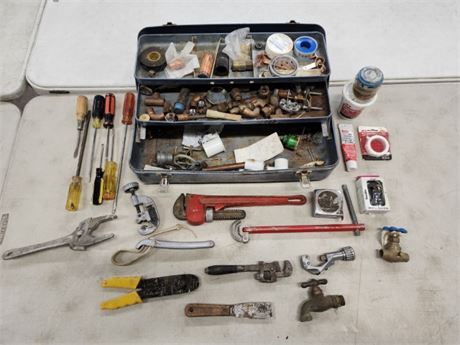 Assorted Plumbers Tools with Copper Fittings/Misc. & Tool Box