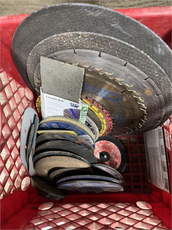 Crate of Grinding Discs,  Palm Nailer and Circ Saw Blades