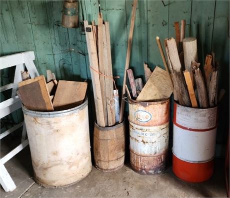 4-Drums & Barrels Full of Scrap Wood