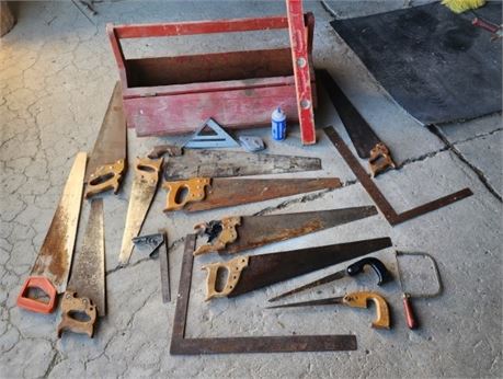 Vintage Wood Carpenters Tool Box with Saws & Misc.