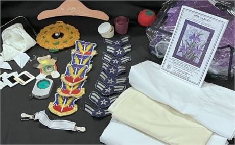Assorted Emblems/Materials + Misc Sewing Items