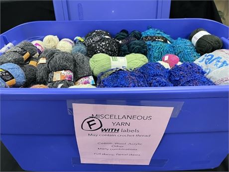 F) Assorted Cotton/Wool/Acrylic Yarn & Crochet Thread + Storage Tote