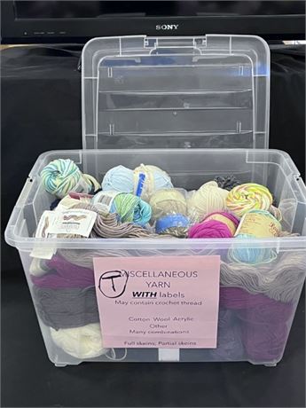 T) Assorted Yarn w/ Labels + Storage Container