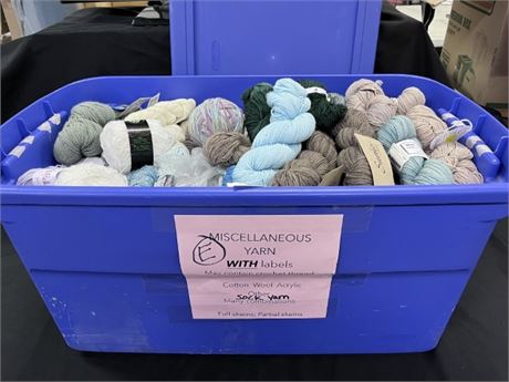 E) Assorted Cotton/Wool/Acrylic Sock Yarn & Crochet Thread + Storage Tote