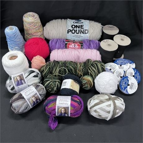 Assorted Yarn, Thread, Ribbon Skeins & Rolls