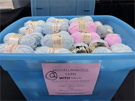 Q) Assorted Yarn w/ Labels + Storage Container