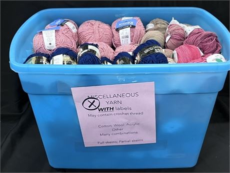 X) Assorted Yarn w/ Labels + Storage Container