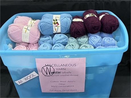 W) Assorted All Wool Yarn w/ Labels + Storage Container