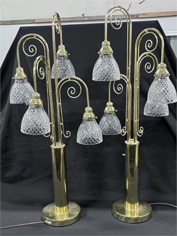 Very Nice Brass Table Lamp Pair with Crystal Shades...41" Tall