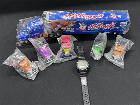 Collectible KELLOGS Tractor Trailer & Cereal Box Wagons with Watch