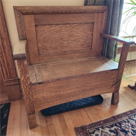 Antique Oak Hall Bench w/ Storage - 38x16x37 - Front Room