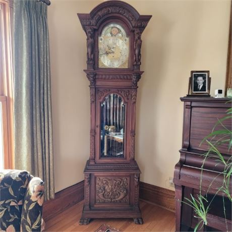 😲WoW! Antique Elliot 9 Tube Chime Gothic Mahogany Grandfather Clock-Works