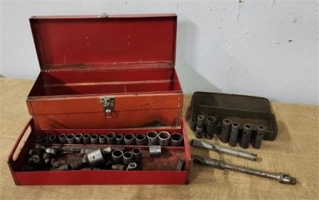 Assorted 1/2" Sockets/Extensions/Penncraft Toolbox