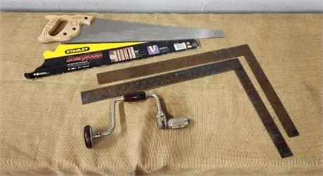 Vintage Brace/Hand Saw/Squares