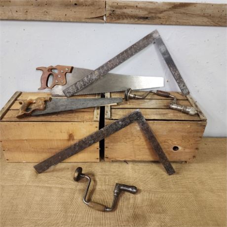 Vintage Brace Pair with Squares & Hand Saws