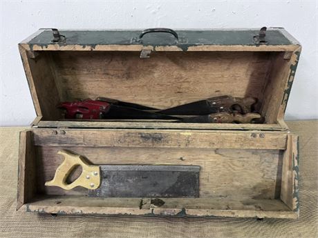 5 Vintage Hand Saws with Wood Carpenters Case